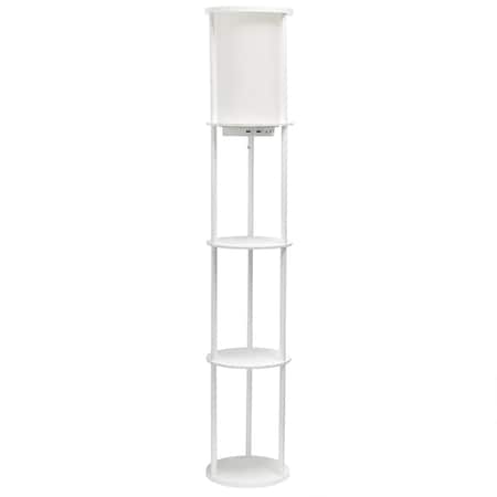 Simple Designs 62.5" Shelf Storage Floor Lamp with 2 USB Charging Ports, 1 Charging Outlet and Linen Shade, White LF2010-WHT